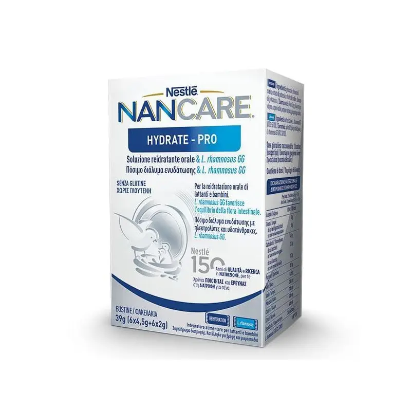 NanCare Hydrate-Pro, Πόσιμο Διάλυμα Ενυδάτωσης με ηλεκτρολύτες και υδατάνθρακες, 6x2 φακελάκια, 39gr