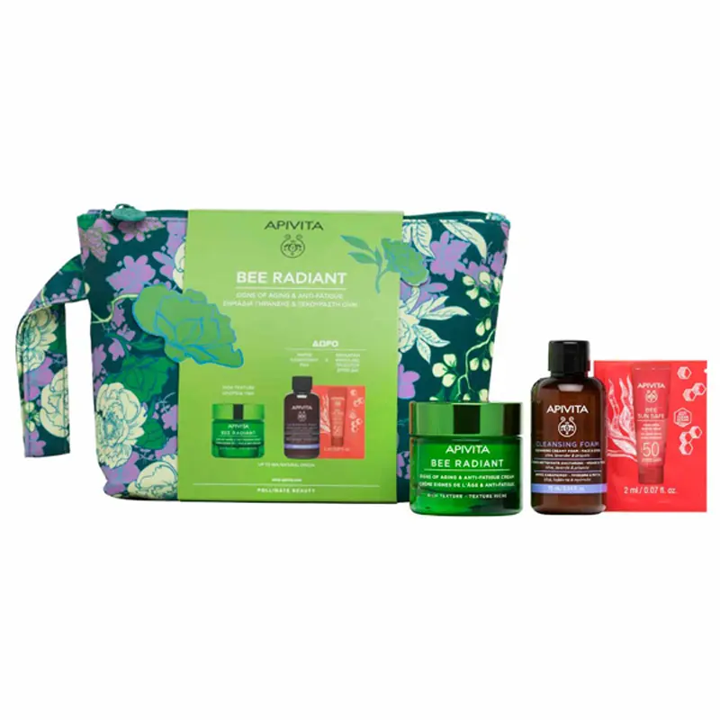 Apivita Bee Radiant Signs of Aging & Anti-Fatigue, Κρέμα Προσώπου Πλούσιας Υφής, 50ml & ΔΩΡΟ Cleansing Foam Ελιά & Λεβάντα, 75ml + Bee sun Safe Κρέμα-Τζελ Προσώπου Spf50, 2ml
