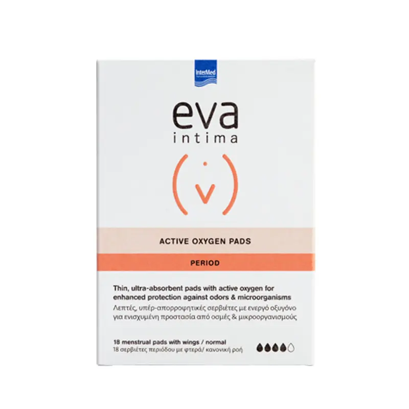 Eva Intima Active Oxygen Pads Λεπτές και υπερ-απορροφητικές σερβιέτες με ενεργό οξυγόνο, 18 σερβιέτες με φτερά