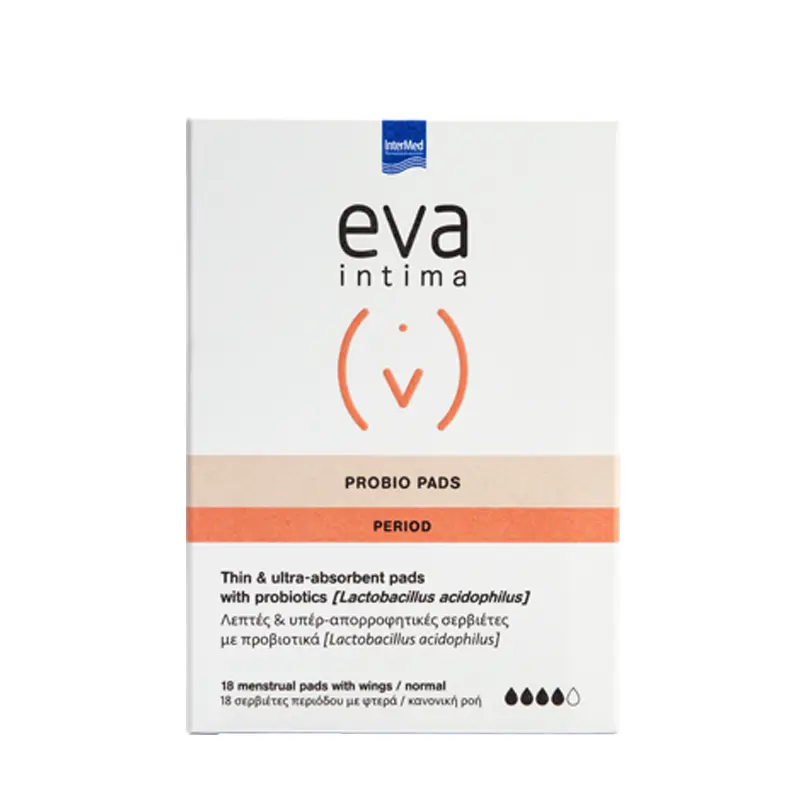 Eva Intima Probio Pads, Λεπτές και υπερ-απορροφητικές σερβιέτες με προβιοτικά Lactobacillus acidophilus, 18 σερβιέτες με φτερά