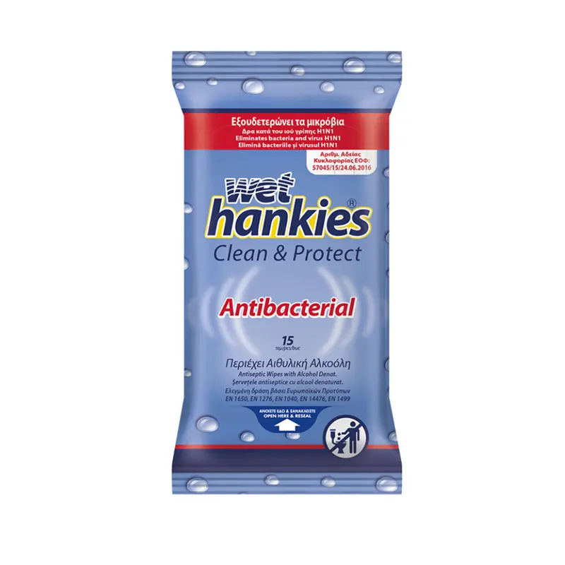 Wet Hankies Clean & Protect, Αντιβακτηριδιακά μαντήλια για τα χέρια, 15 τεμάχια