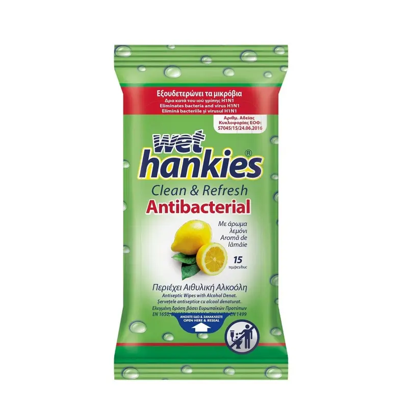 Wet Hankies Lemon Αντιβακτηριδιακά μαντήλια για τα χέρια, 15 τεμάχια