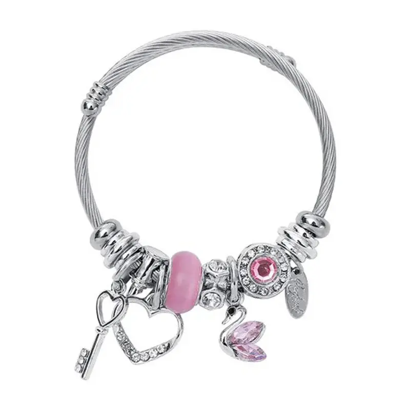 Dezlen Ατσάλινο βραχιόλι bangle με ροζ κύκνο, BR038