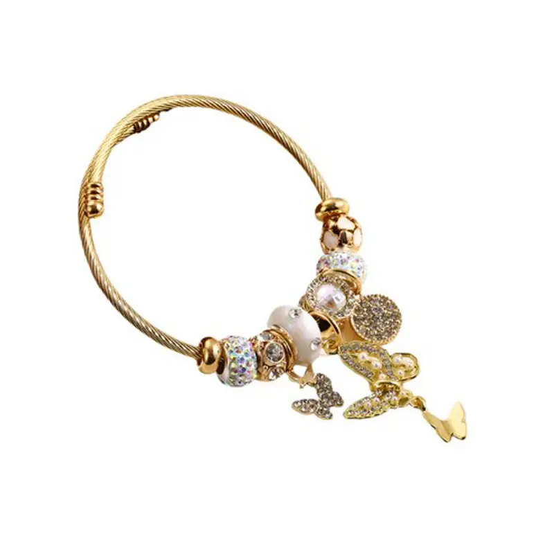 Dezlen Βραχιόλι χρυσό ατσάλι με πεταλούδα και charms, BR289