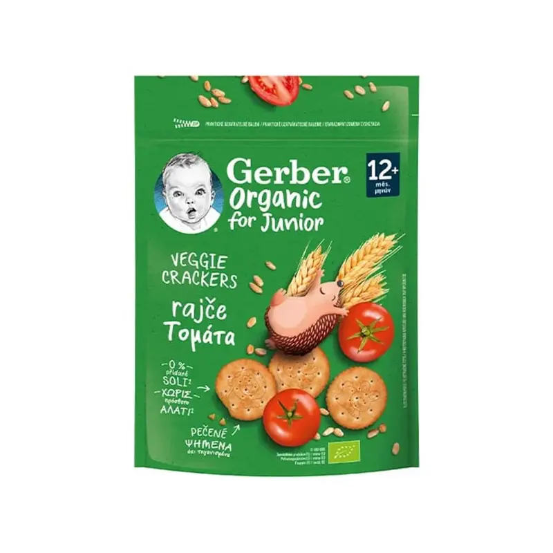 Gerber Organic Veggie Crackers for Junior - Tomato, Ψημένα Βιολογικά Κράκερ Δημητριακών με Γεύση Τομάτας για Παιδιά από 12+ Μηνών, 100g