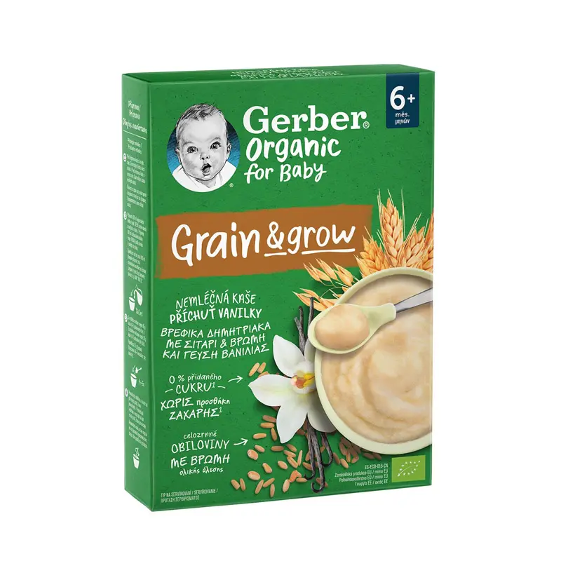 Gerber Organic Grain & Grow Infant Cereals with Wheat Oat & Vanilla Flavor, Βιολογικά Βρεφικά Δημητριακά με Σιτάρι, Βρώμη & Γεύση Βανίλιας από 6 Μηνών, 200gr