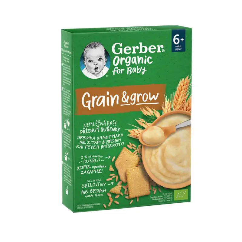 Gerber Organic Grain & Grow Infant Cereals with Wheat Oat & Biscuit Flavor, Βιολογικά Βρεφικά Δημητριακά με Σιτάρι, Βρώμη & Γεύση Μπισκότο από 6 Μηνών, 200gr