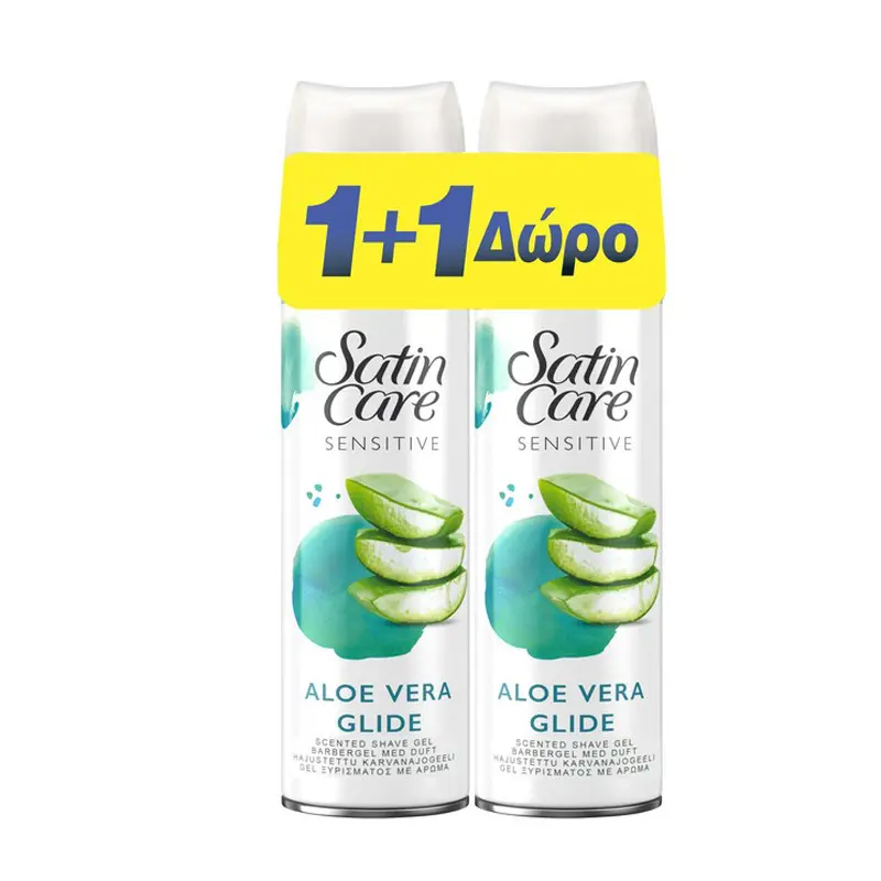 Gillette Satin Care Sensitive Skin, Gel Ξυρίσματος με Αλόη για Ευαίσθητες Επιδερμίδες, 1 & 1 ΔΩΡΟ, 2x200ml