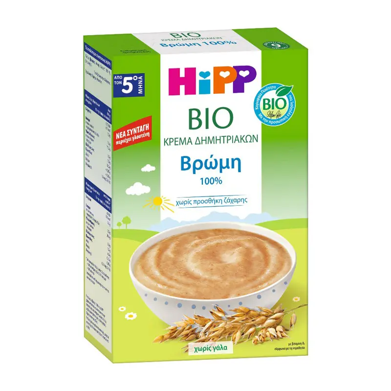 Hipp Bio Κρέμα Δημητριακών με Βρώμη 100%, Χωρίς Γάλα με Γλουτένη, από τον 5ο Μήνα, 200g