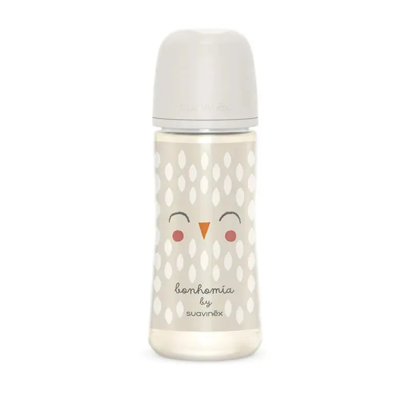 Suavinex Owl Πλαστικό Μπιμπερό, με Θηλή Σιλικόνης One Size για 6+ μηνών, Beige, 360ml
