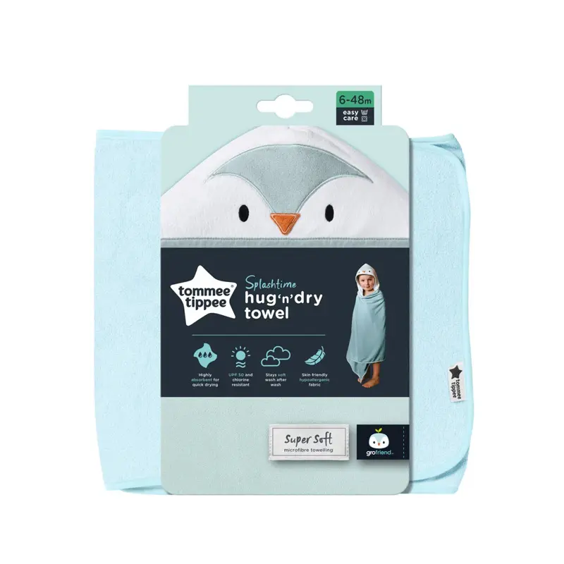 Tommy Tippee Hug ‘n’ Dry Percy the Penguin, Πετσέτα με Κουκούλα Γαλάζια, 6-48 μηνών