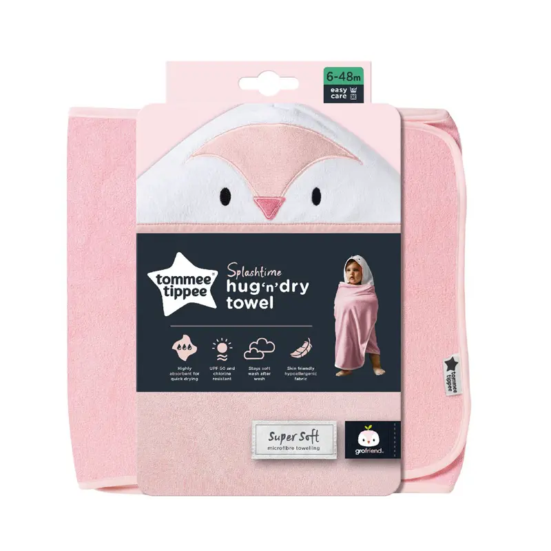 Tommy Tippee Hug ‘n’ Dry Penny the Penguin, Πετσέτα με Κουκούλα Ροζ, 6-48 μηνών