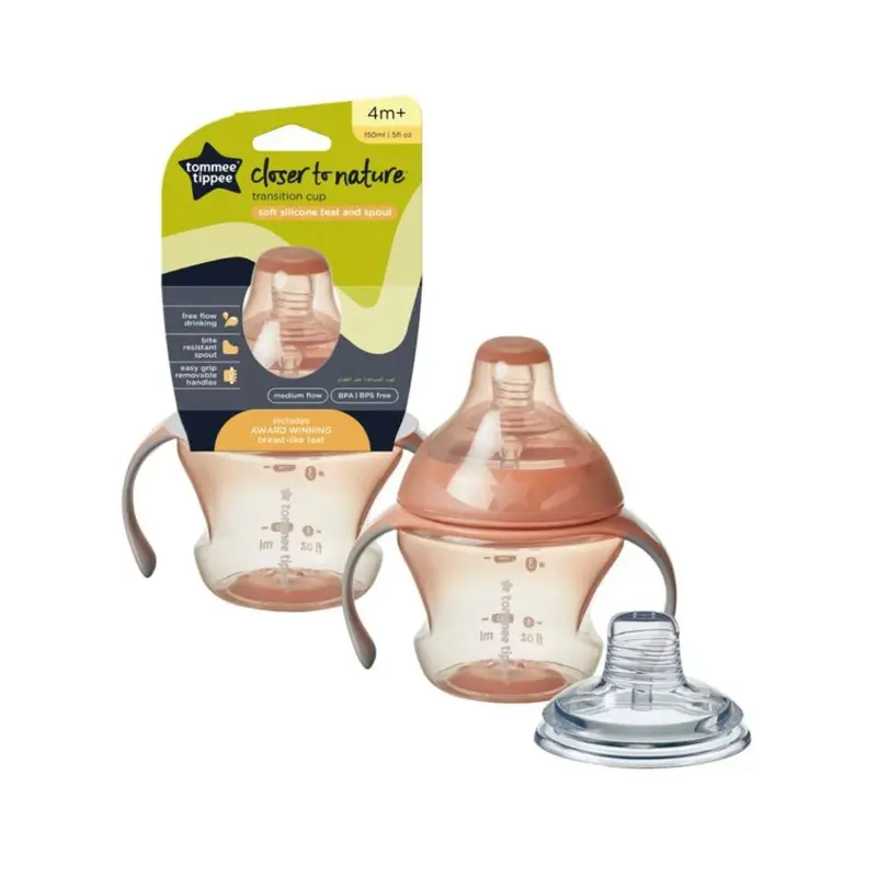 Tommee Tippee Transition Cup, Εκπαιδευτικό κύπελο με θηλή /στόμιο και λαβές, 4+ μηνών, Pink, 150ml