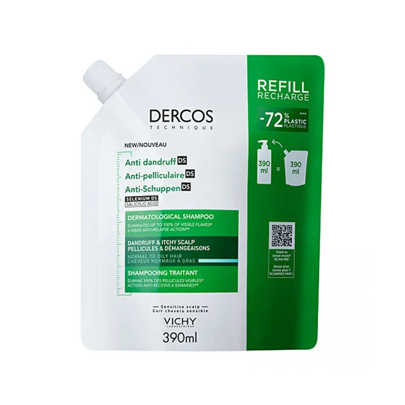 Vichy Dercos Anti-Dandruff DS Refill, Σαμπουάν κατά της Ξηροδερμίας, της Πιτυρίδας και του Κνησμού για Κανονικά προς Λιπαρά Μαλλιά, 390ml