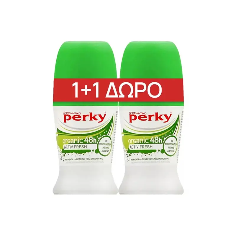 Perky Deodorant Roll-On Organic 48h Activ Fresh, Αποσμητικό Μεγάλης Διάρκειας σε Roll-On με Βιολογική Μέντα και Πράσινο Τσάι,1+1 ΔΩΡΟ, 2x50ml