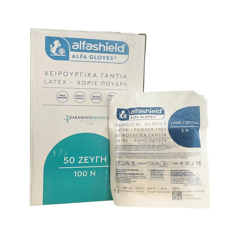 Alfashield Alfa Gloves Αποστειρωμένα Χειρουργικά Γάντια Latex χωρίς Πούδρα Μέγεθος 7.5, 1 ζευγάρι