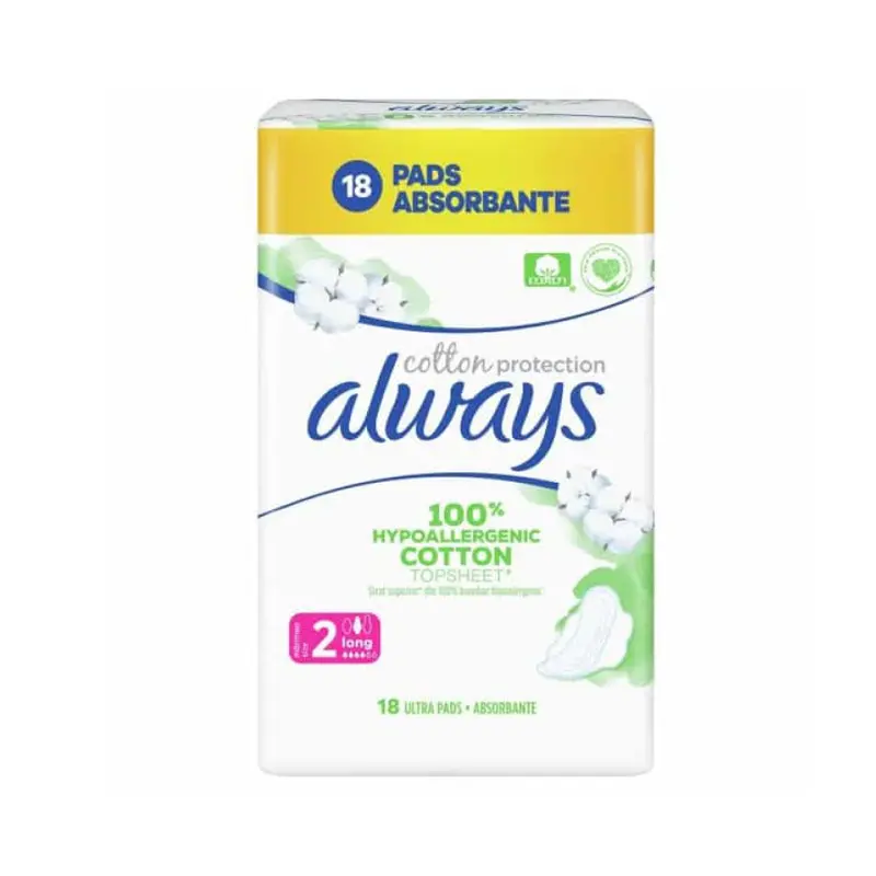 Always Cotton Protection Long (Size 2), Σερβιέτες Με Φτερά, 18 τεμάχια