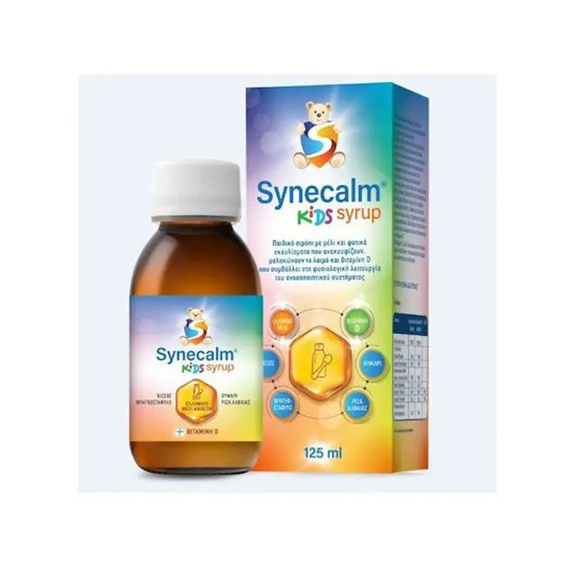 Syndesmos Synecalm Kids, Σιρόπι για παιδιά με μέλι και φυτικά εκχυλίσματα που ανακουφίζουν και μαλακώνουν το λαιμό, με γεύση φράουλα, 125ml