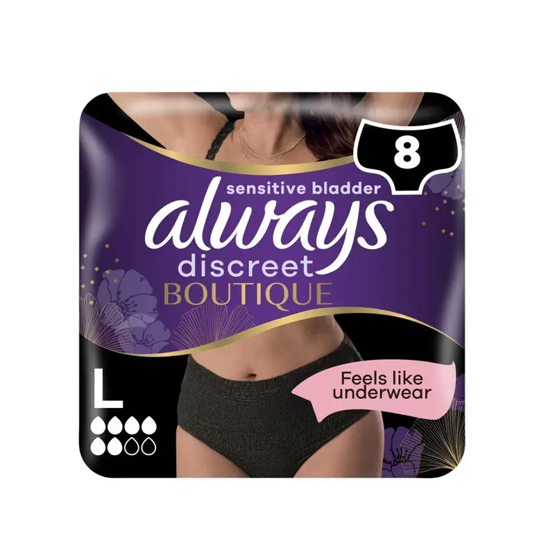 Always Discreet Boutique Pants Large, Εσώρουχα Για Την Ακράτεια, Μαύρο χρώμα, 8 τεμάχια