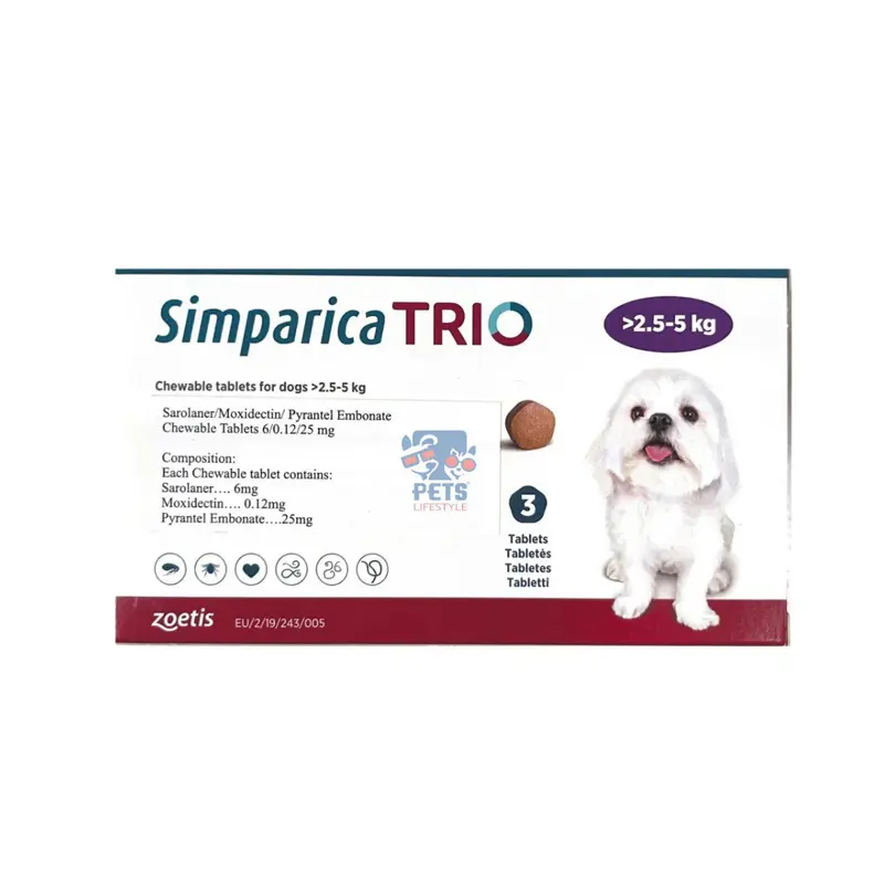 Simparica Trio, Μασώμενα Δισκία για Σκύλους 2,5-5kg, 1 δισκίο