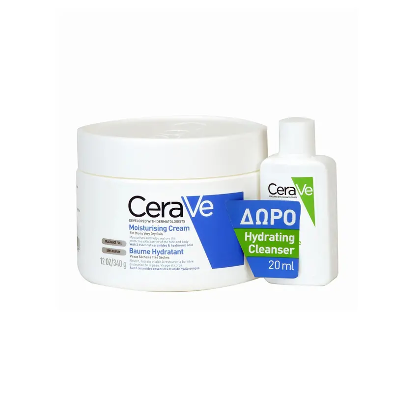 Cerave Moisturising Cream, Ενυδατική κρέμα για πρόσωπο και σώμα 340gr & ΔΩΡΟ ενυδατικό καθαριστικό Hydrating cleanser 20ml