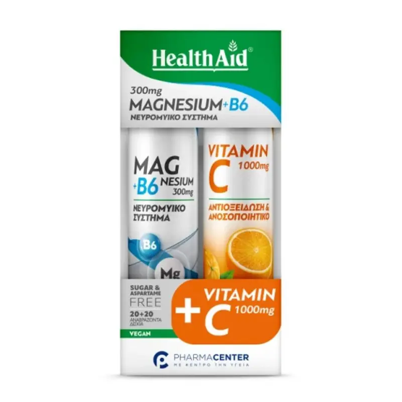 Health Aid Promo Pack Magnesium 300mg + Vit.B6 20eff  & Vitamin C 1000mg Γεύση Πορτοκάλι 20eff
