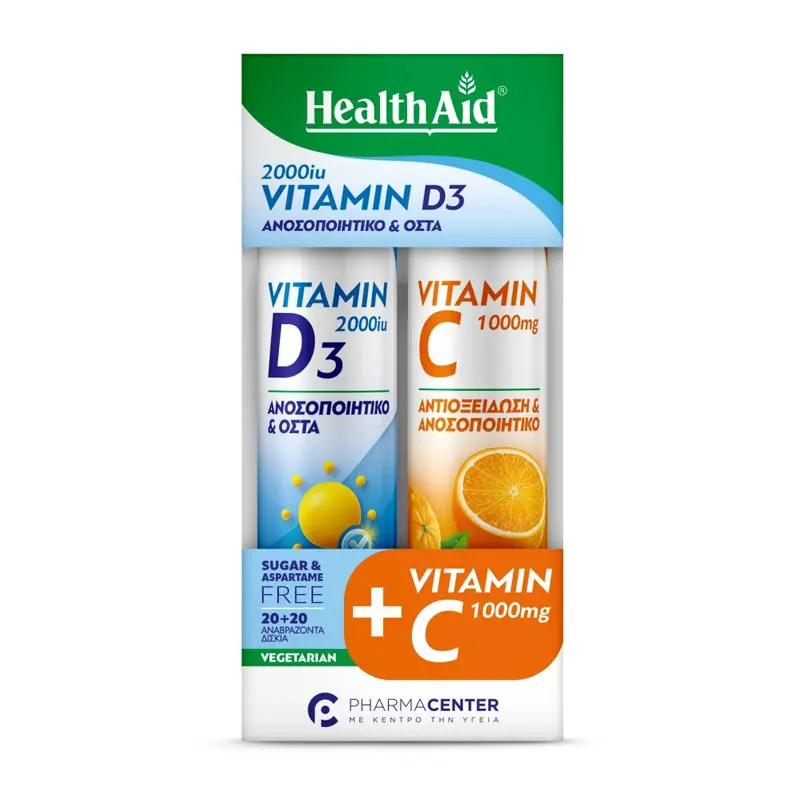 Health Aid Promo Pack Vitamin D3 2000iu 20eff & Vitamin-C 1000mg Γεύση Πoρτoκάλι 20eff