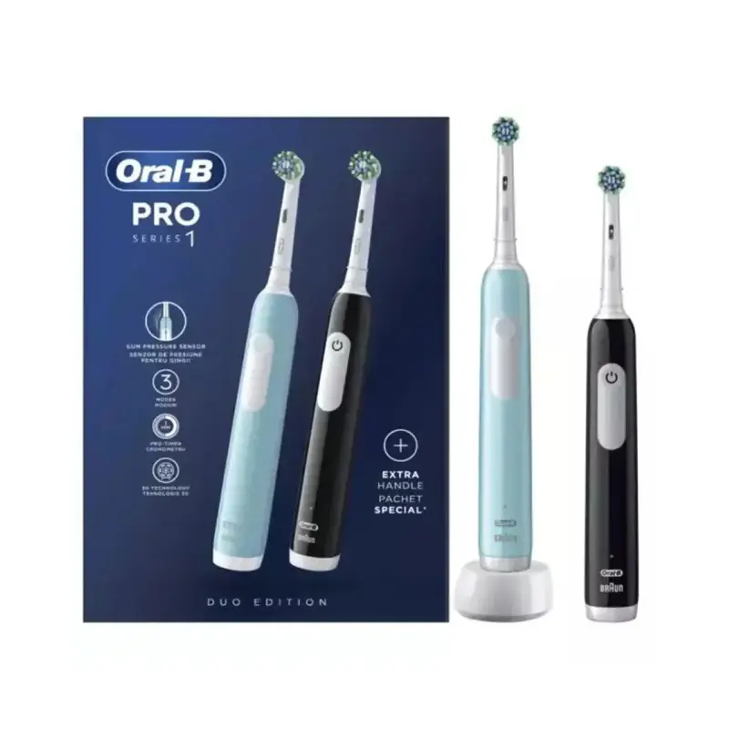 Oral-B Pro Series 1 Duo Electric Toothbrush Ηλεκτρικές Οδοντόβουρτσες Με Χρονοδιακόπτη & Αισθητήρα Πίεσης Μπλε & Μαύρη 2 τεμάχια