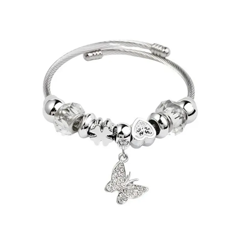 Dezlen Βραχιόλι ασημί ατσάλι bangle με πεταλούδα κα κρύσταλλα, BR292