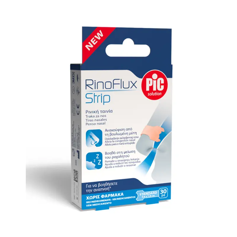 Pic Solution RinoFlux Strip Standard, Ρινικές Ταινίες για να βοηθήσετε την αναπνοή, Κανονικό Μέγεθος, 30 τεμάχια