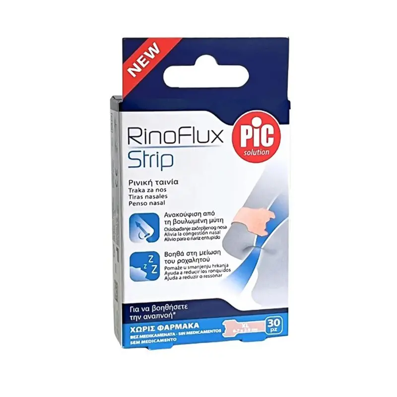 Pic Solution RinoFlux Strip Standard, Ρινικές Ταινίες για να βοηθήσετε την αναπνοή, Μεγάλο Μέγεθος, 30 τεμάχια