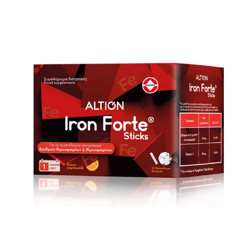 Altion Iron Forte Sticks, Για το φυσιολογικό σχηματισμό Ερυθρών Αιμοσφαιρίων & Αιμοσφαιρίνης, 30 φακελίσκοι με γεύση πορτοκάλι
