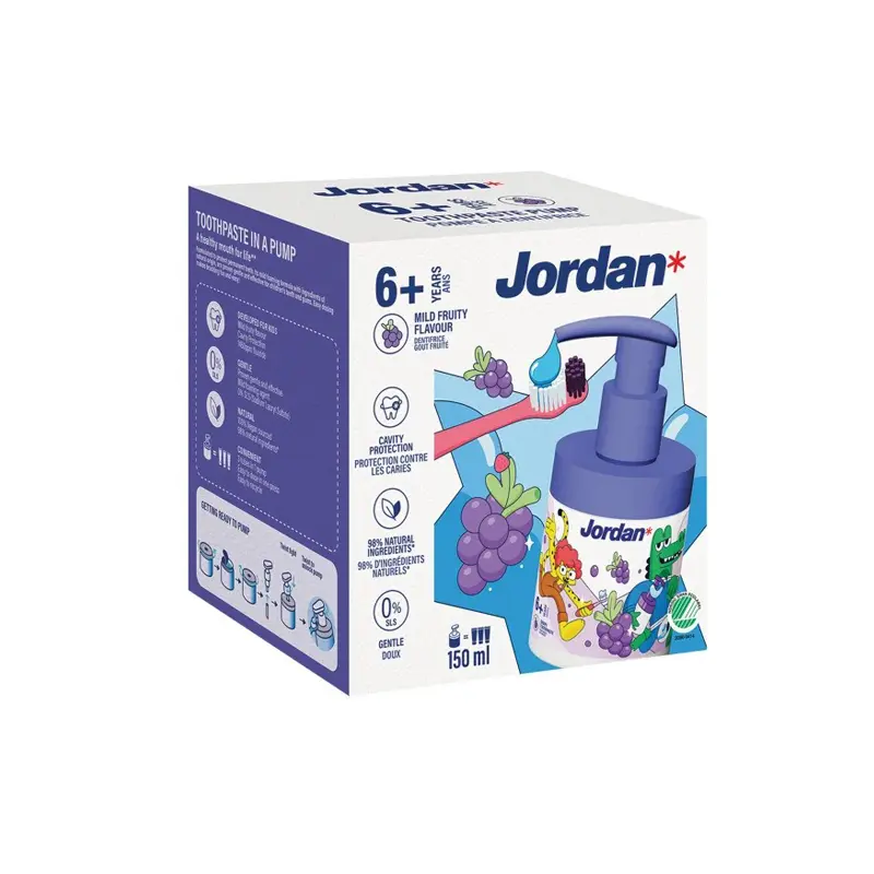 Jordan Kids 6+ Toothpaste Pump, Οδοντόκρεμα για παιδιά με γεύση φρούτα του δάσους, 150ml