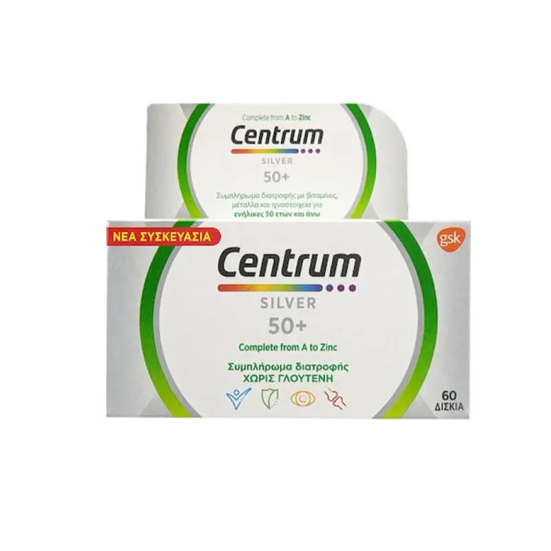 Centrum Silver 50+ Συμπλήρωμα Διατροφής Χωρίς Γλουτένη για ενήλικες 50 ετών και άνω, 60 δισκία